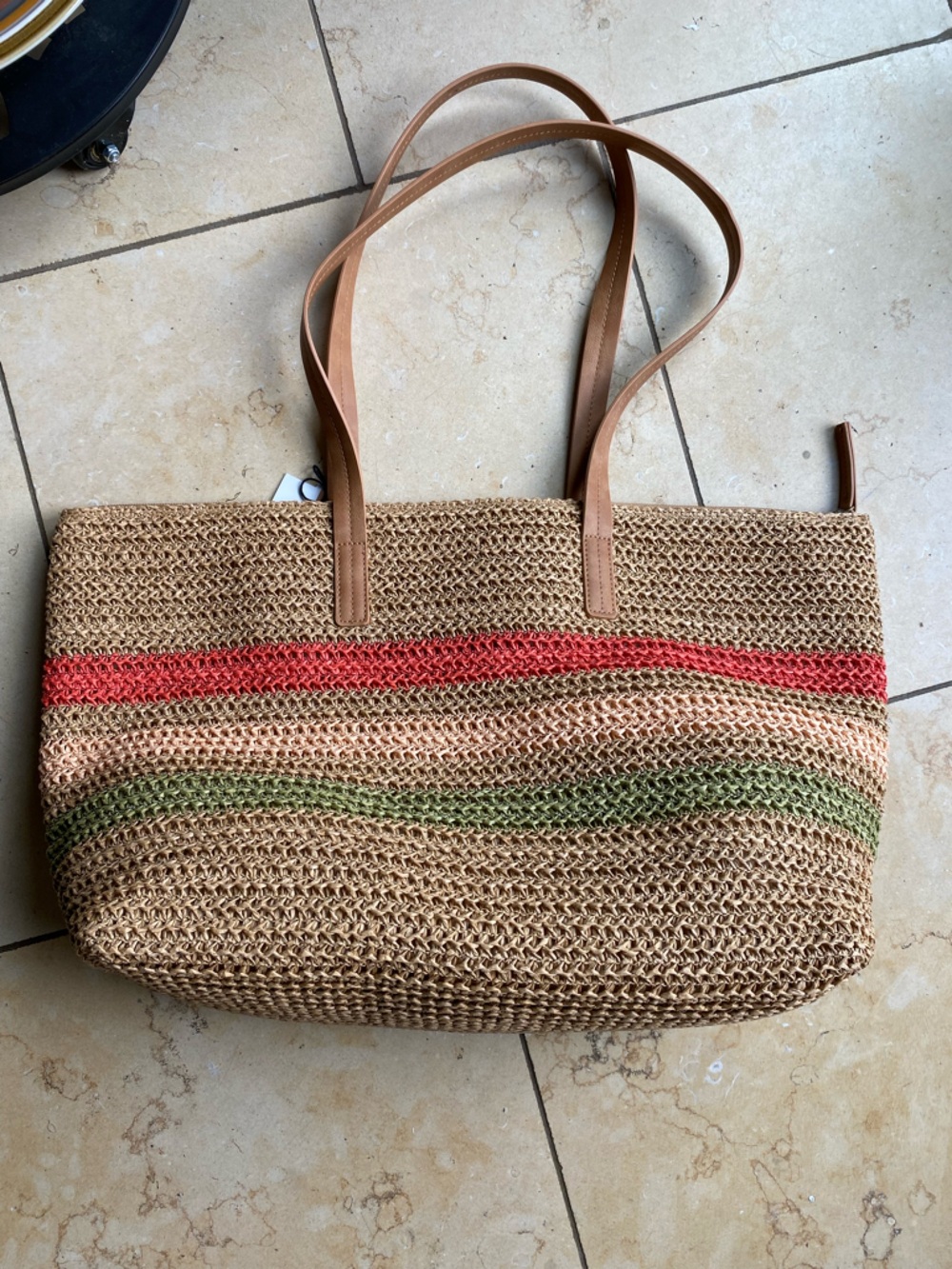 Woven Tote Beach Bag Striped Red Cream Green Hearth & Hand with Magnolia Summer - Picture 6 of 11